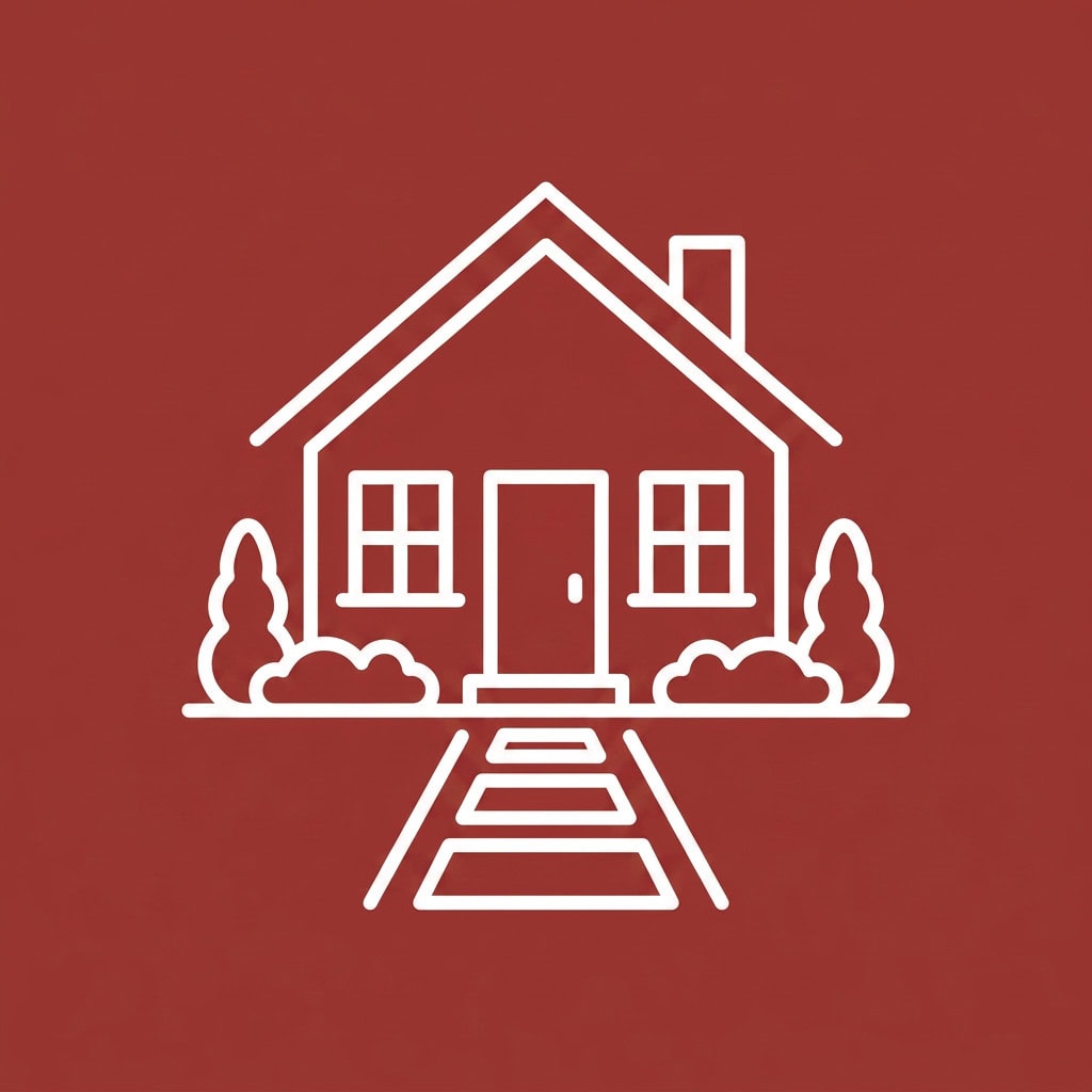 Simple line drawing of a house with a front yard on a red background.