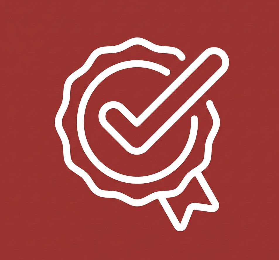 Quality assurance badge with checkmark on a red background.