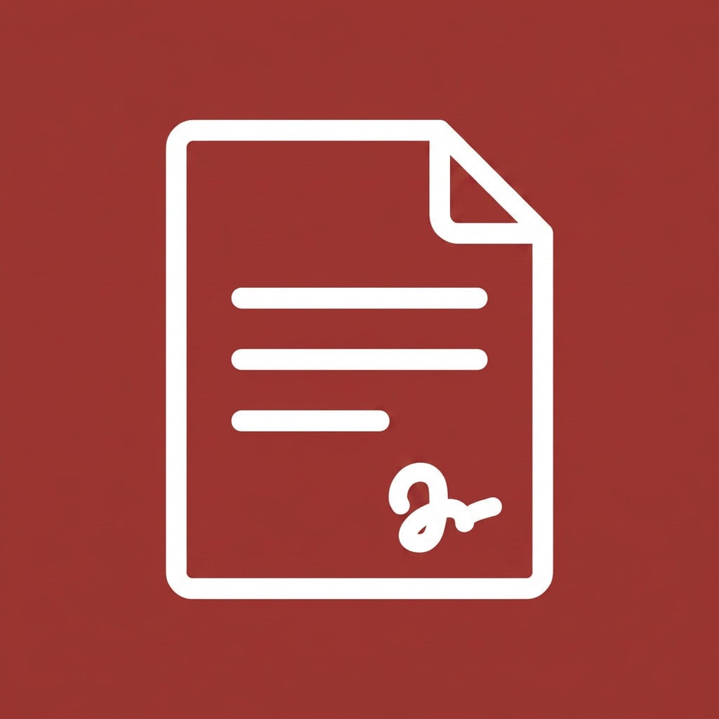 Icon of a document with a signature on a red background.