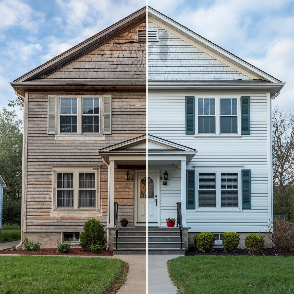Side-by-side house exterior showing before and after storm damage repair.
