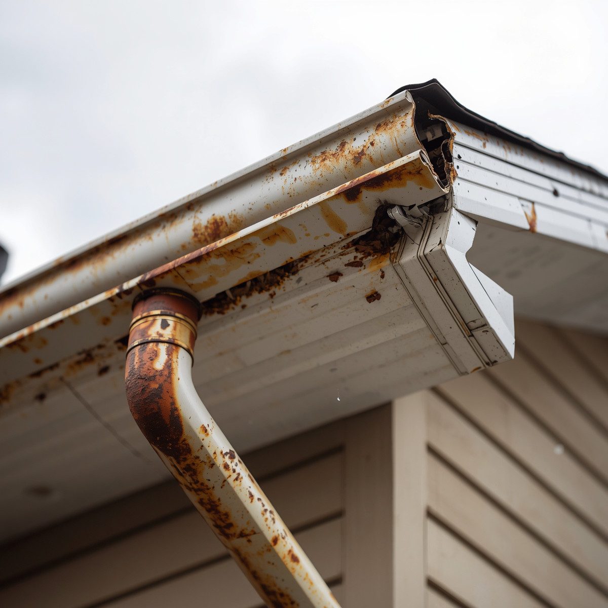 Rusty gutter and roof edge damage from storm exposure.