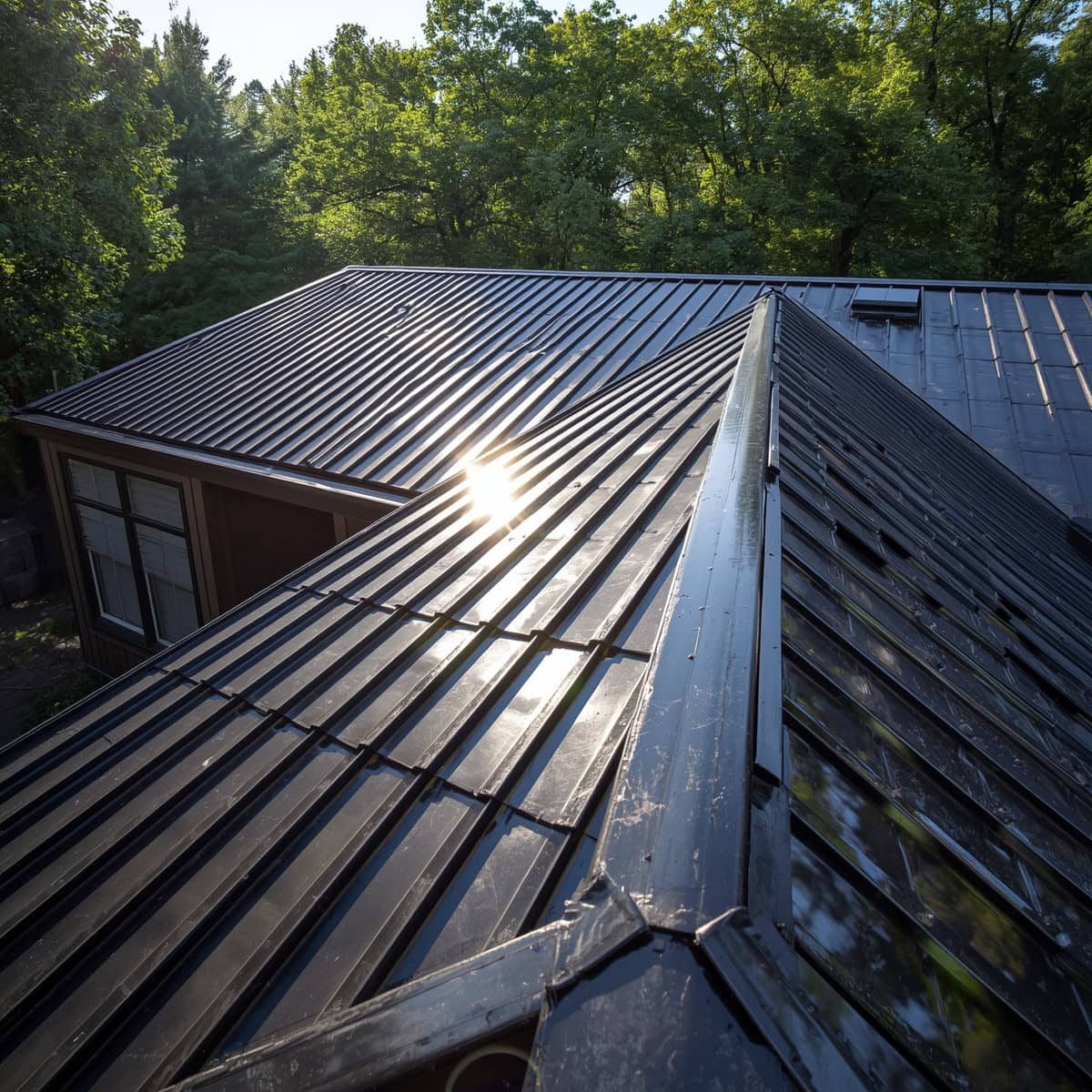 Metal roofing on a house with sunlight reflecting off the surface.