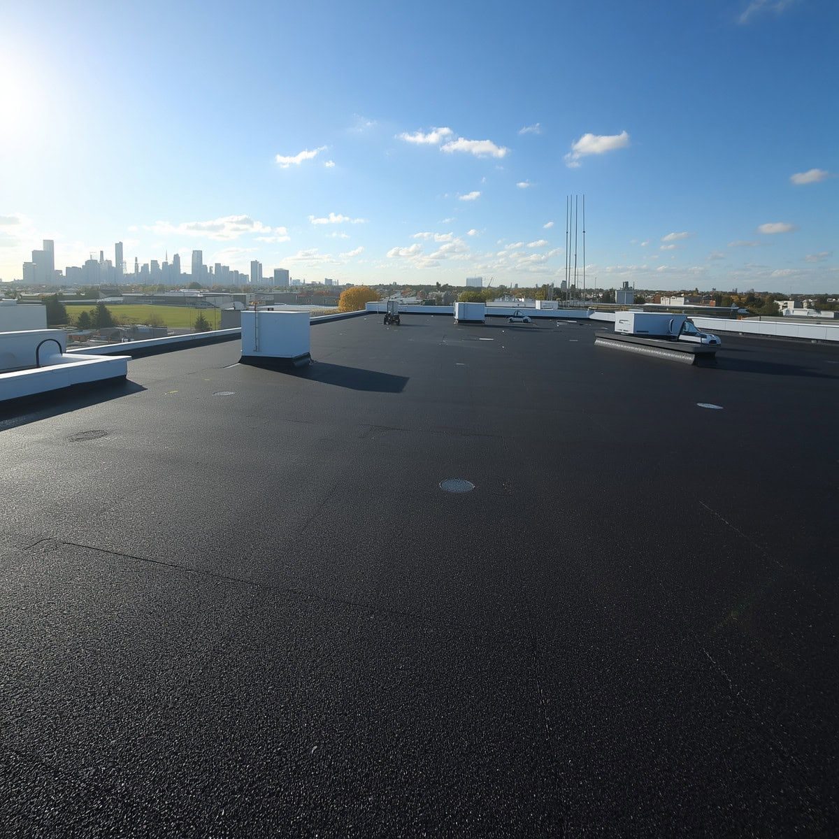 Flat commercial roof with HVAC units and city skyline in background.