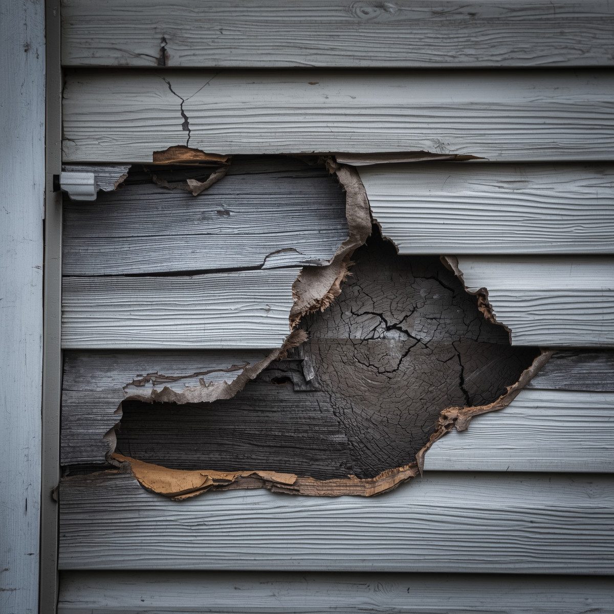 Damaged house siding with large hole from storm damage.