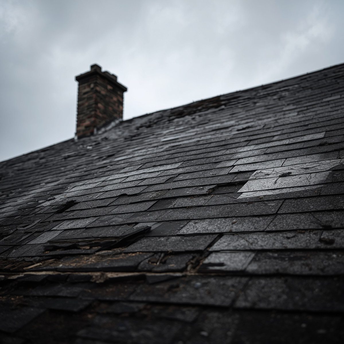 Storm-damaged roof shingles with missing and broken tiles.