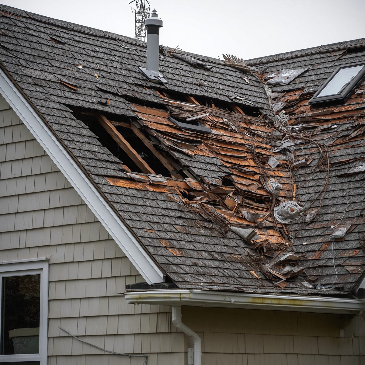 Damaged roof with missing shingles and exposed wood from storm damage.
