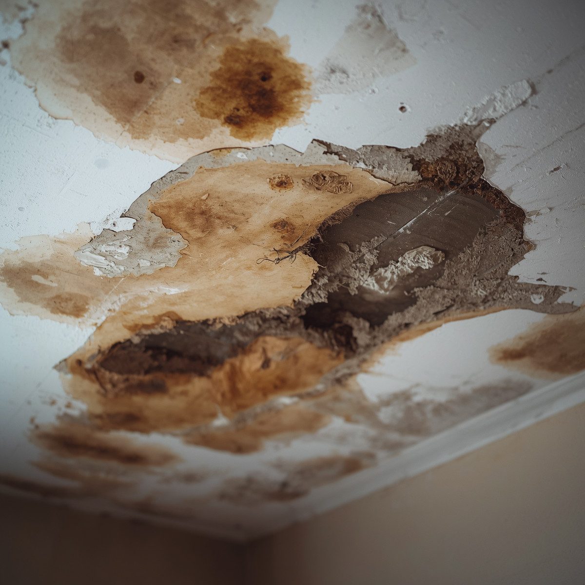 Ceiling with water damage and mold from storm exposure.