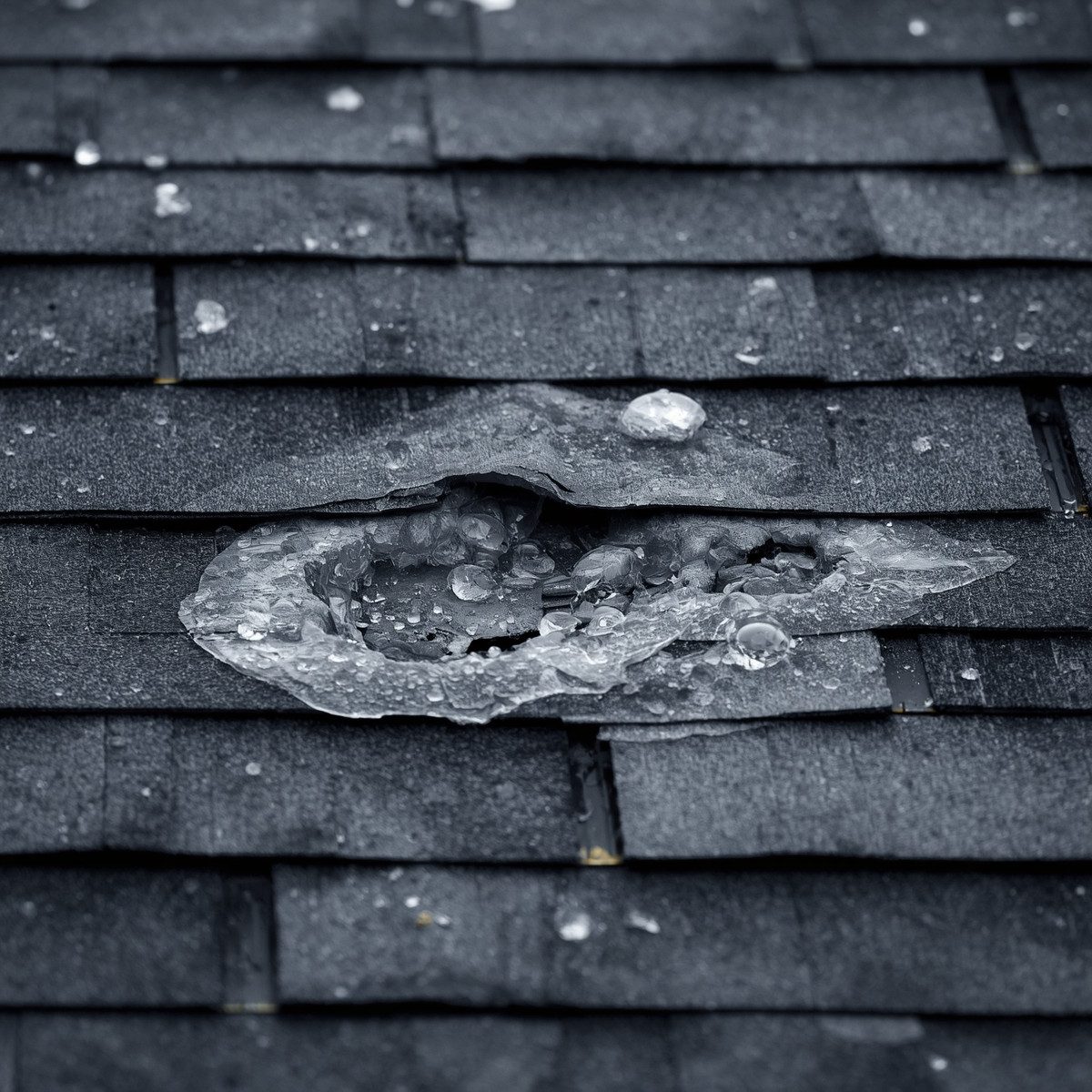 Damaged roof shingle with hole and water damage from storm.