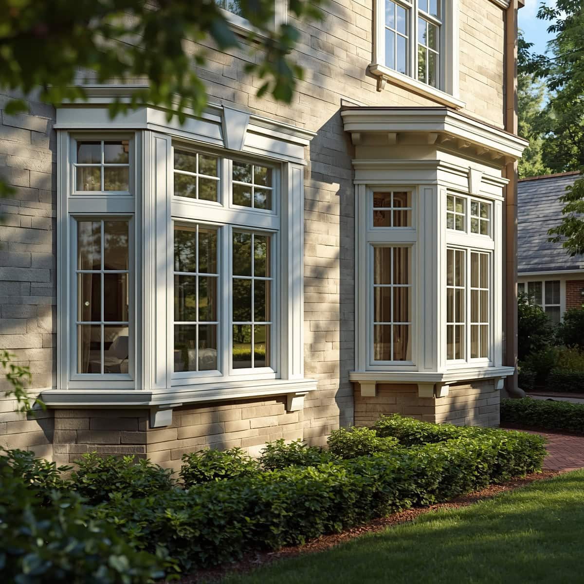 Beautiful bay windows with white frames on a stone house exterior.