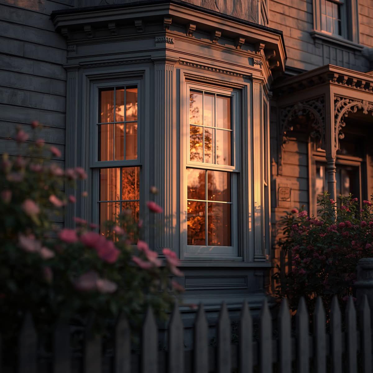 Victorian style window with sunset reflection and decorative trim.