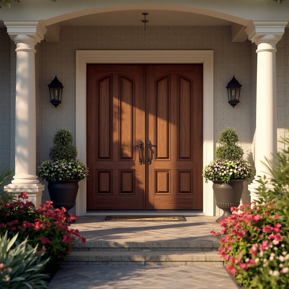 Beautiful wooden front door with decorative handles and surrounding potted plants.