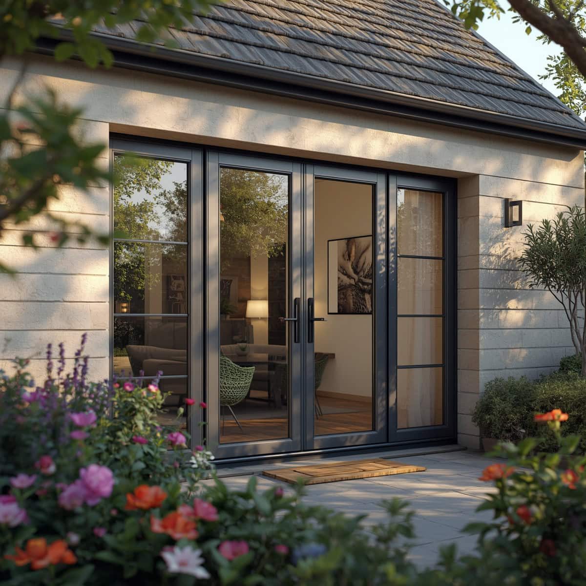 Contemporary glass sliding door with black frame in a garden setting.