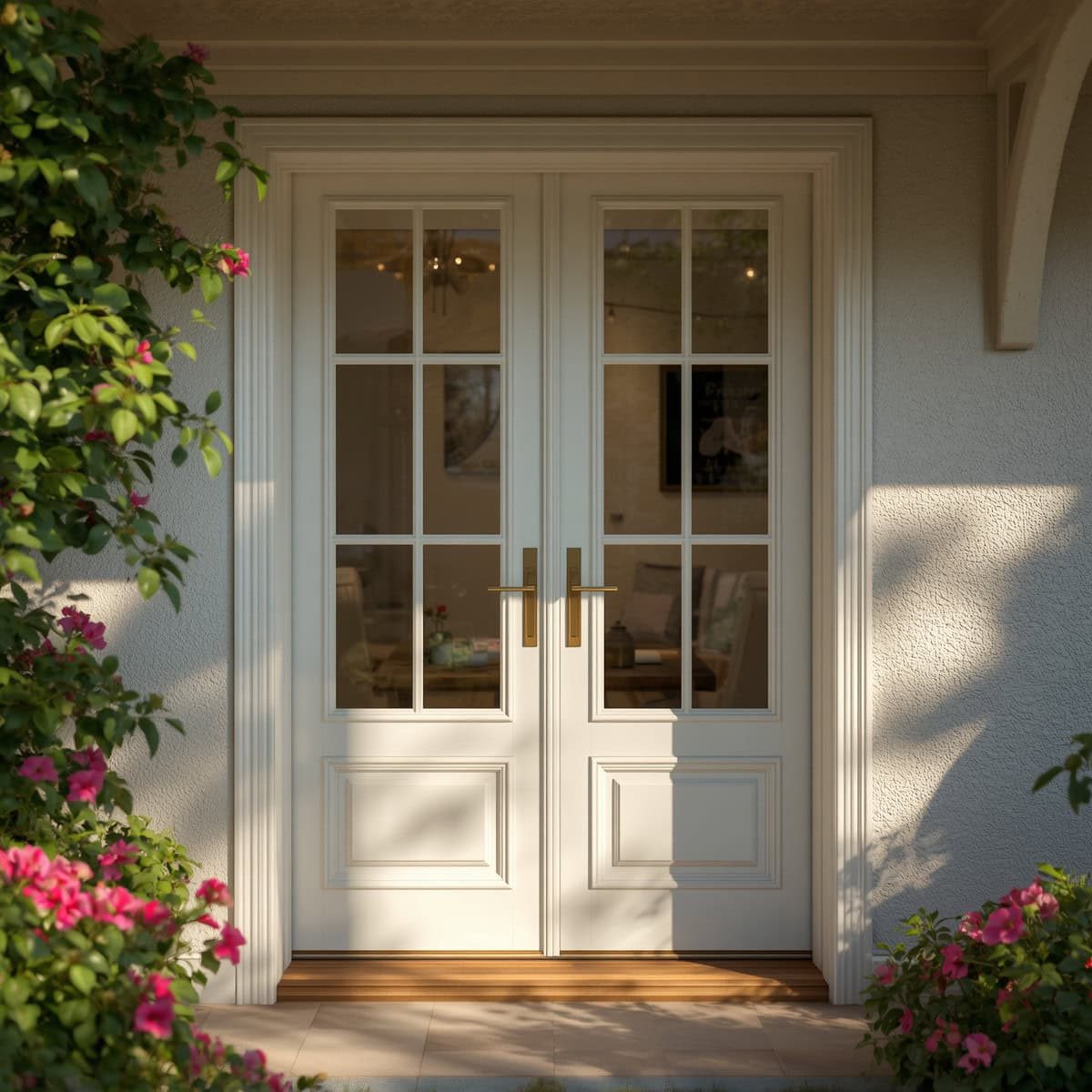 Beautiful white French doors with glass panes and brass handles.
