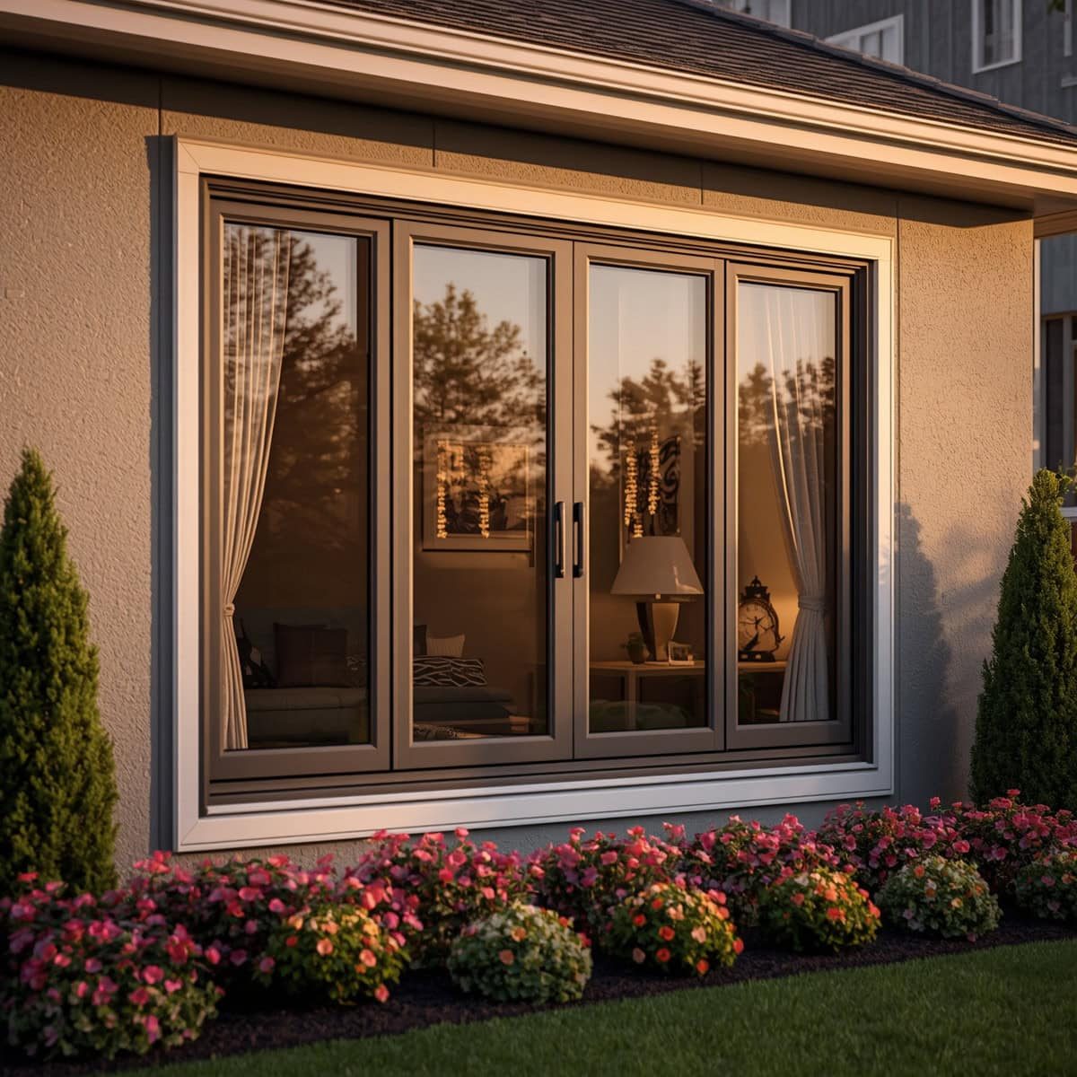 Modern sliding glass door with curtains and garden view.