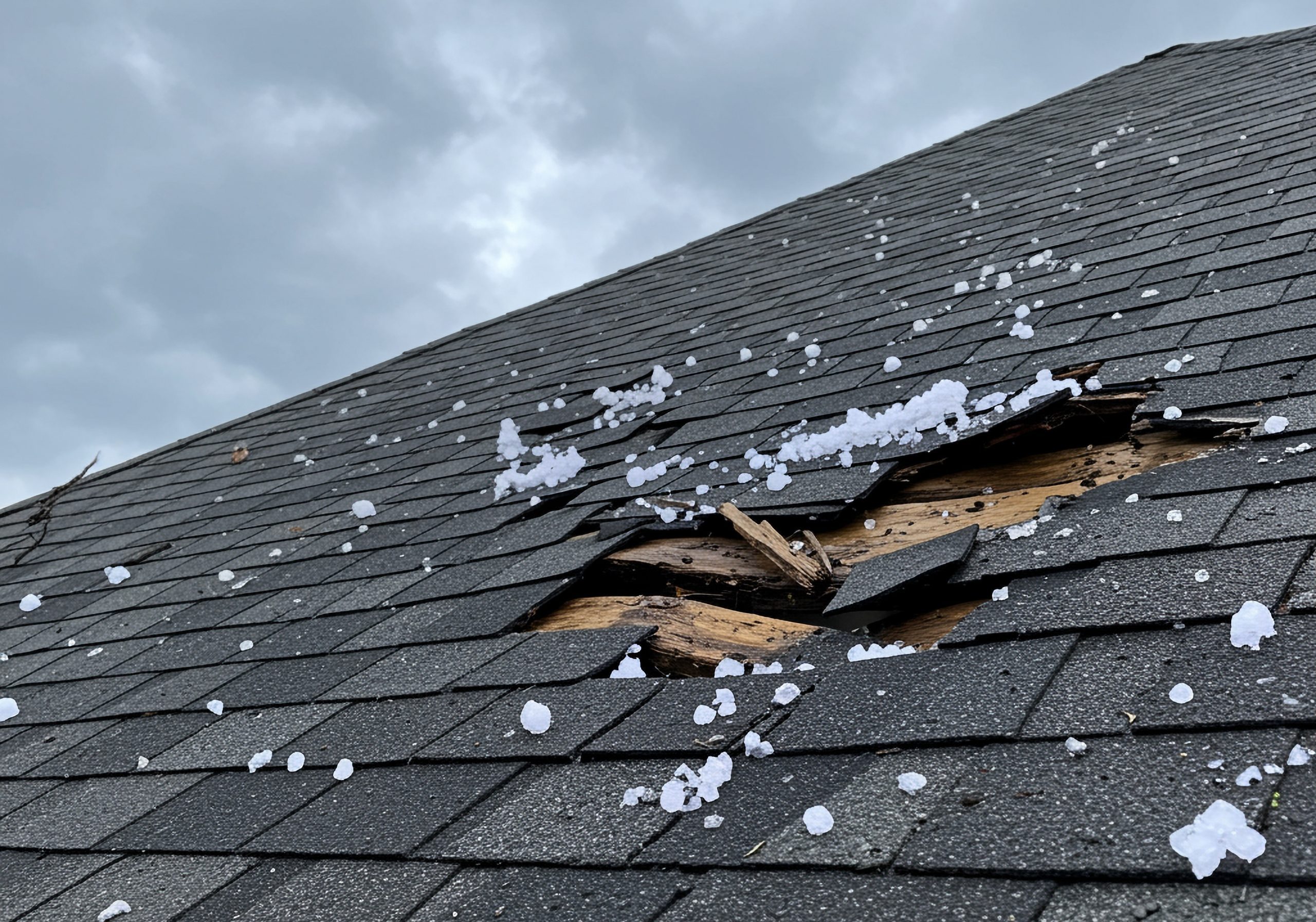 Damaged asphalt shingle roof with missing and broken shingles.