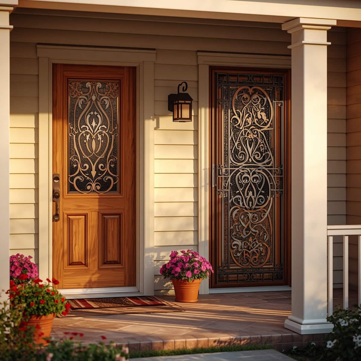 Front door with intricate ironwork and wooden frame, welcoming entrance.